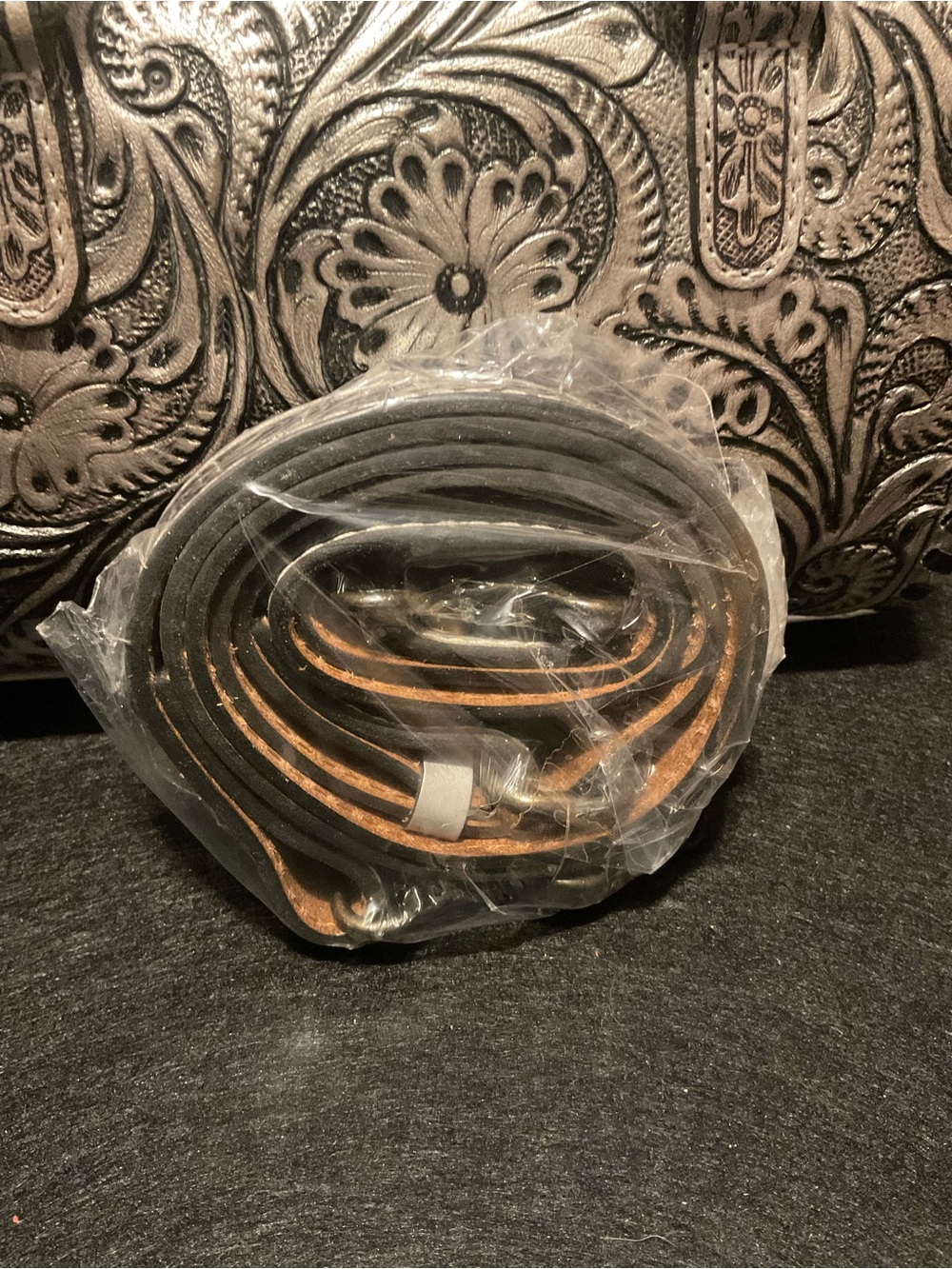 Silver Small Tooled Western Floral Leather Speedy w/adjustable detachable strap - Picture 5 of 9